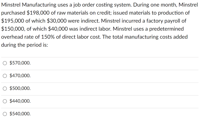 Minstrel uses manufacturing job costing order month overhead during incurred purchased system costs total compute overapplied amount under indirect labor