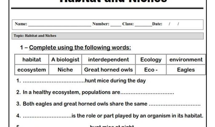 Habitats and niches worksheet answer key