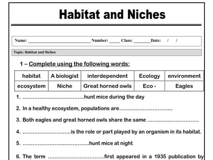 Habitats and niches worksheet answer key